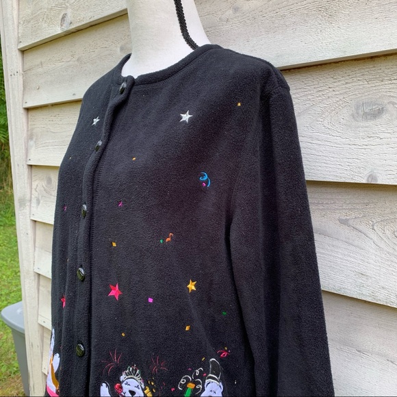 Vintage Black Fleece Polar Bear Appliqué Long Sleeve Button Up Cardigan Sweater - Picture 5 of 16